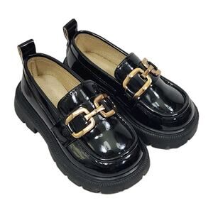 Y2k Chunky Toddler Loafers Shiny Black Gold Buckle Slide On Dress Shoes Sz 7